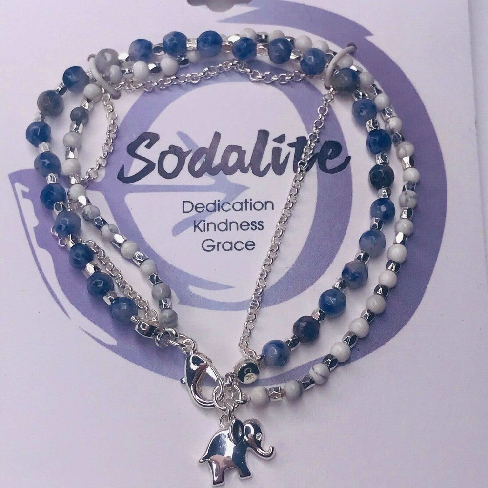 David Culiner Sodalite Beads Triple Strand Bracelet Silver Plated Elephant‎ NEW
